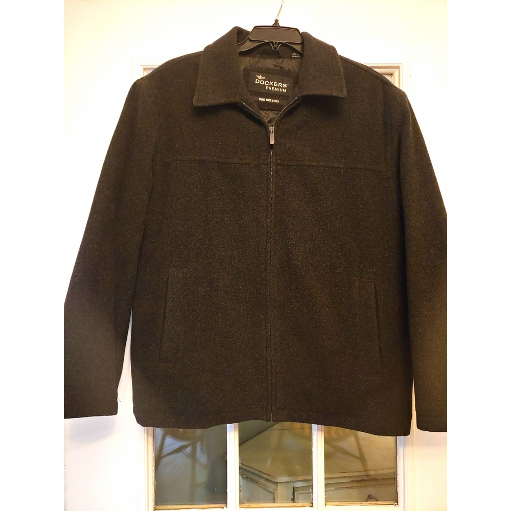 Dockers Premium Mens L Charcoal Gray 80% Wool Jacket Italian Fabric Zip Coat